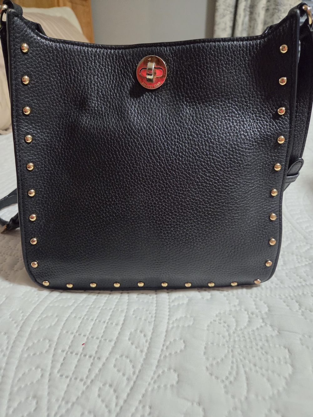 Michael Kors Black Pebbled Leather Studded Shoulder Bag with Gold Hardware